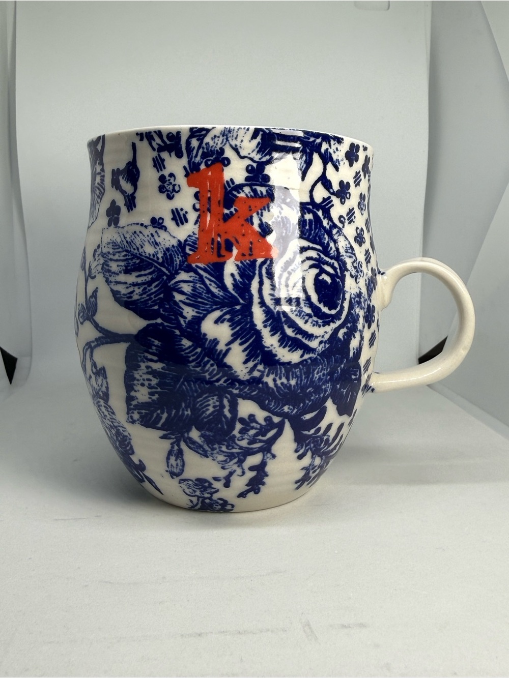 Anthropologie Monogram K Blue Floral Ceramic Mug Cup USED